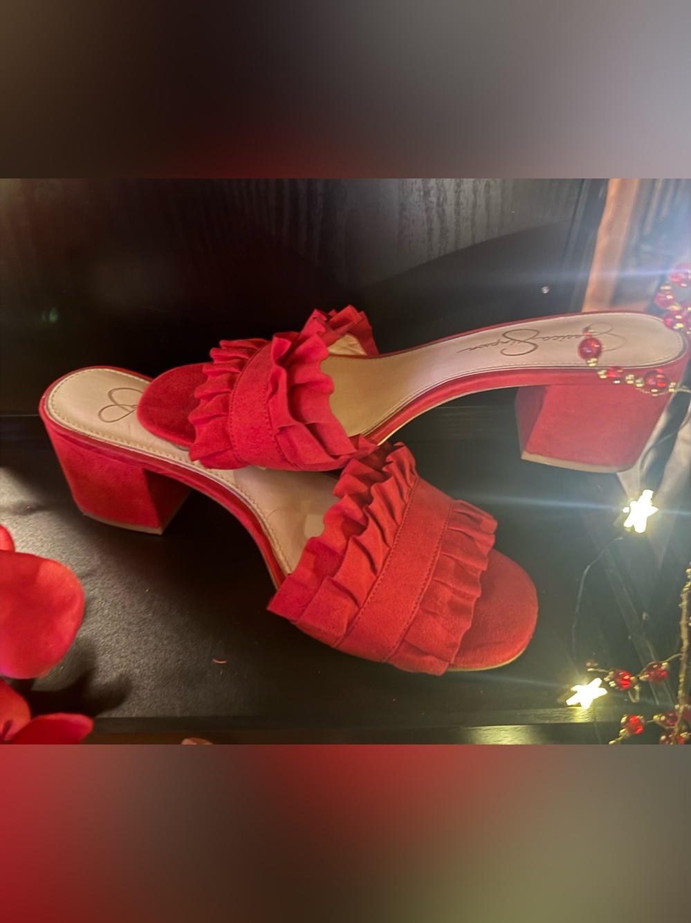 Jessica Simpson Red Ruffle Block Heel Mules
